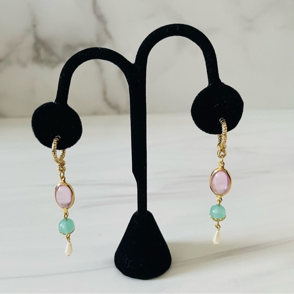 Gold Drop Earrings- Gemstone and Faux Pearl- Pierced Ears- Costume Jewelry - Picture 3 of 4